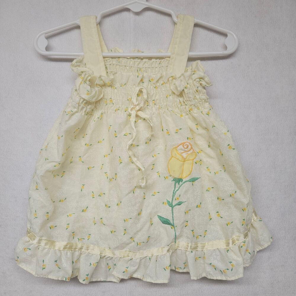 Vintage 70s Mayfair Yellow Dainty Floral Sundress Baby Girl Toddler Retro